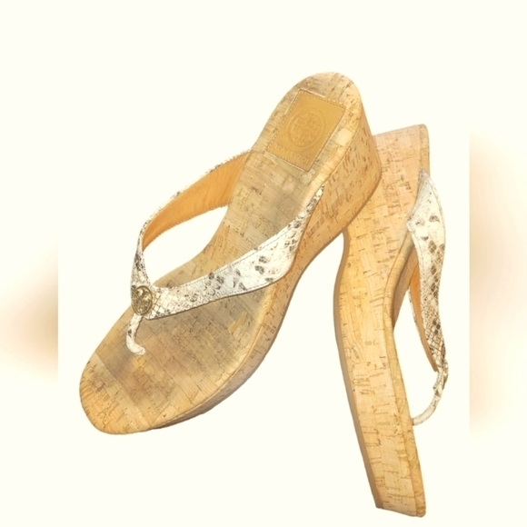 Tory Burch Suzy Cork Tan Brown Snakeskin Print Leather Wedge Thong Sandals 10.5M - Picture 6 of 8